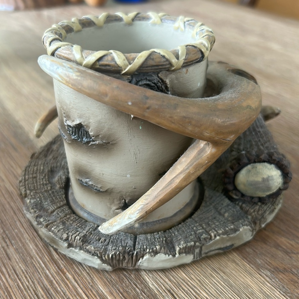 Deer antler toothbrush plate with cup holder and cup/candle holder